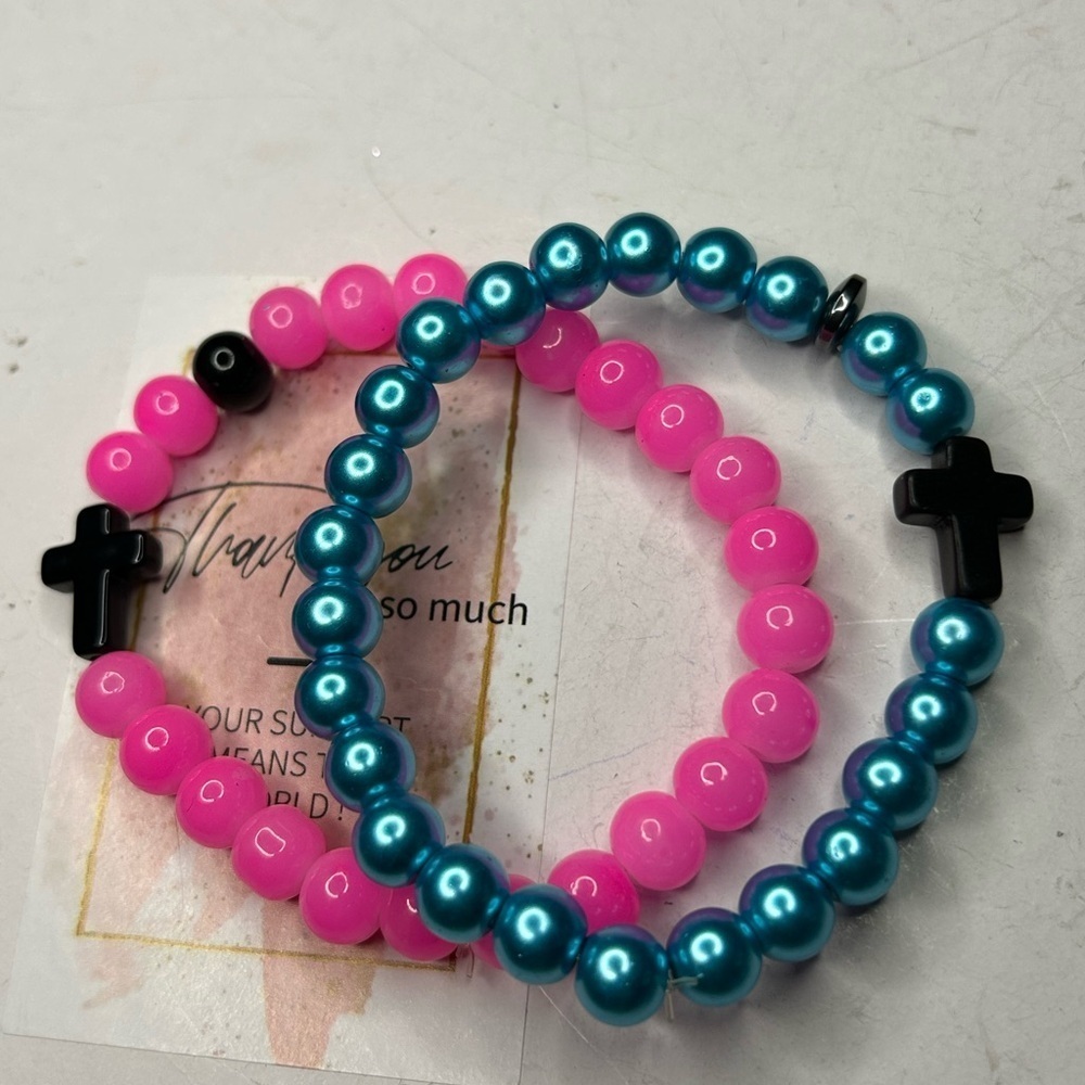 Hot Pink & Blue Pearl Cross Bracelet Set